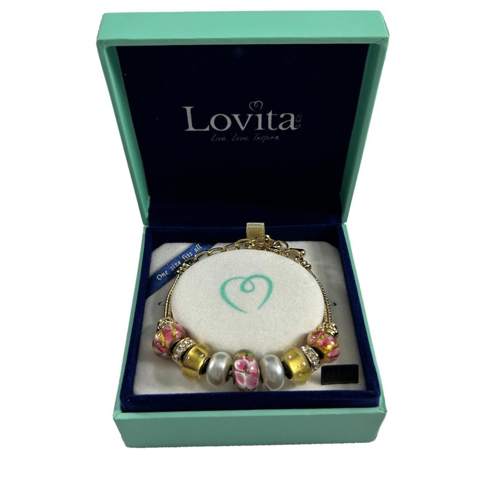 Lovita Slide Glass Beads Charm Bracelet Gold Tone Rhinestones White Pink Floral